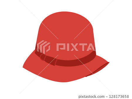 Cloche Hat with bow. Summer Head Fashion accessory cap with narrow brim clothing technical illustration. 128173658