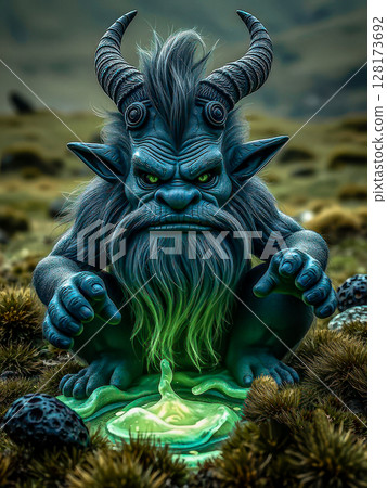 The dark troll is a sorcerer with horns. A mythical troll with long horns manipulates liquid. 128173692