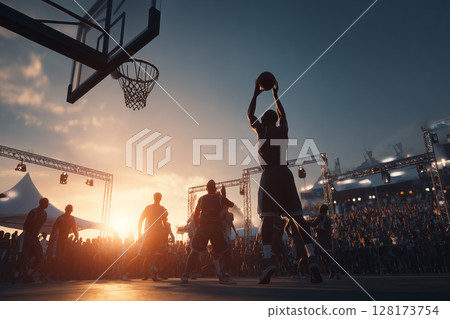Outdoor Basketball Game at Sunset with Silhouettes of Players and Energetic Crowd Atmosphere 128173754