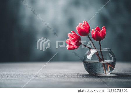Elegant Red Tulips in a Glass Vase on a Dark Background for Minimalist Home Decor 128173801