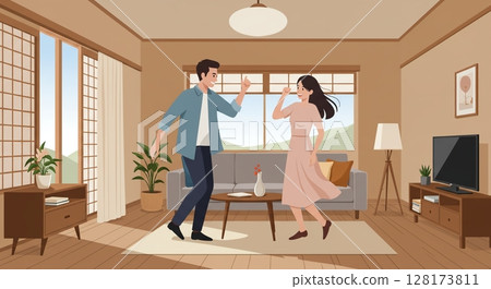 客廳裡的一對幸福夫婦，這是他們日常生活的場景 128173811