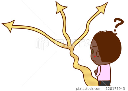 (Upper body, rear view) An African-American boy begins to get lost at a fork in the road. (Upper body, rear view) An African-American boy begins to get lost at a fork in the road. 128173943