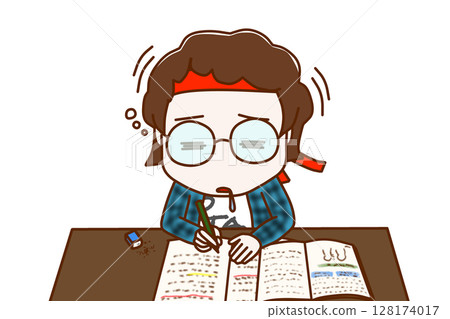 (Front view of upper body) A geek wearing glasses who was studying hard but ran out of energy and fell asleep rowing a boat 128174017