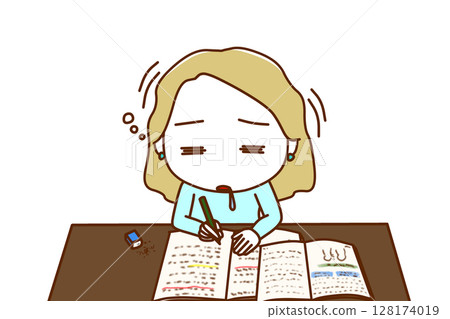 (Front upper body) A Caucasian woman who was studying hard but ran out of energy and fell asleep rowing a boat 128174019