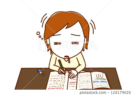 (Front upper body) A Caucasian man who was studying hard but ran out of energy and fell asleep rowing a boat (Front upper body) A Caucasian man who was studying hard but ran out of energy and fell asleep rowing a boat 128174020