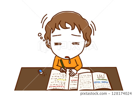 （上半身正面照）一個白人男孩正在努力學習，但因為體力耗盡而划船睡著了 128174024