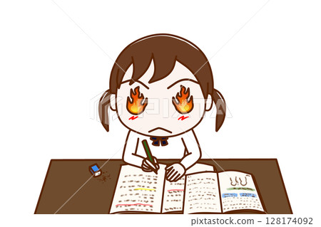 (Front view of upper body) A female student studying hard with flames coming out of her eyes (Front view of upper body) A female student studying hard with flames coming out of her eyes 128174092