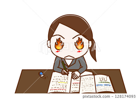 (Front upper body) A woman in a suit with flames coming out of her eyes as she studies hard (Front upper body) A woman in a suit with flames coming out of her eyes as she studies hard 128174093