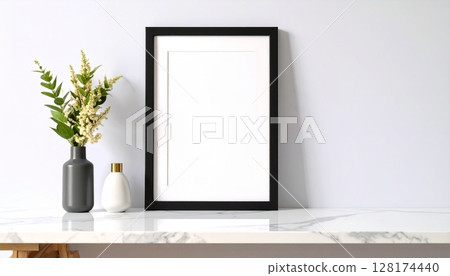 大理石桌上的黑色相框照片架 128174440