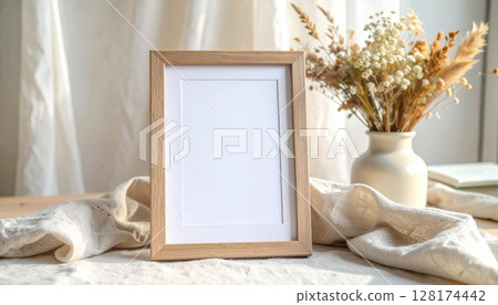 Natural background with linen photo frame and dried flowers Natural background with linen photo frame and dried flowers 128174442