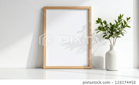 Simple wooden photo frame mockup 128174458