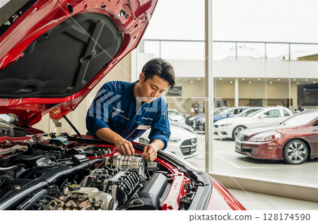 Japanese car mechanic servicing a car in a clean garage 128174590