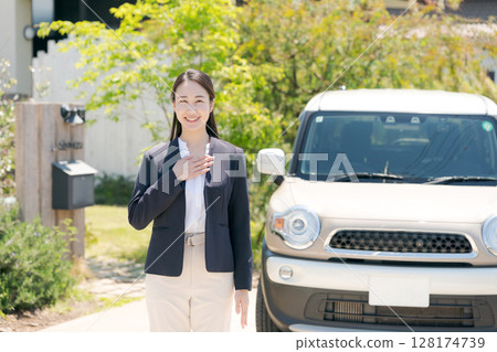 Businesswoman standing next to a car Businesswoman standing next to a car 128174739