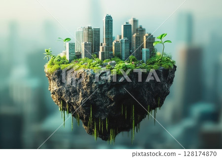 A city is floating in the air with a green island in the middle 128174870