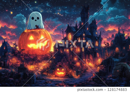 A Halloween themed drawing of a ghost with a pumpkin on its head, and there are many pumpkins scattered throughout the scene 128174883