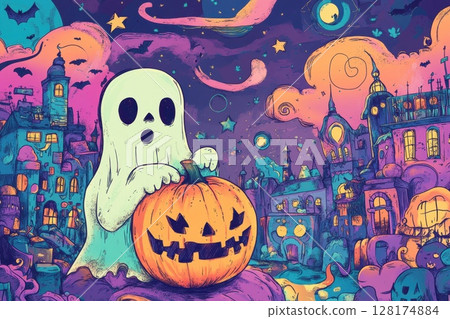 A ghost is holding a pumpkin in a cityscape, as it is a Halloween-themed drawing 128174884
