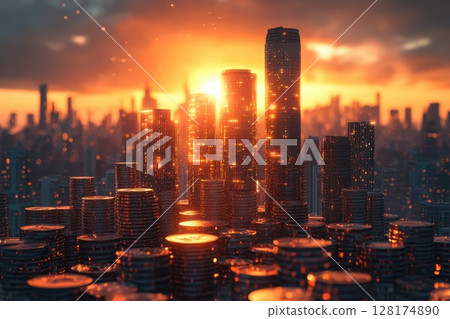 A cityscape with a large number of coins scattered throughout the scene 128174890