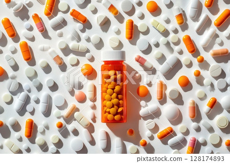 A bottle of pills is surrounded by many other pills A bottle of pills is surrounded by many other pills 128174893