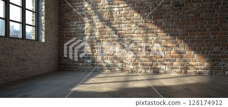 A brick wall with a window in the middle 128174912