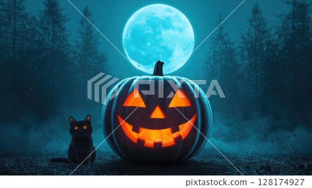 A festive Halloween banner showing a grinning pumpkin and full moon behind A festive Halloween banner showing a grinning pumpkin and full moon behind 128174927