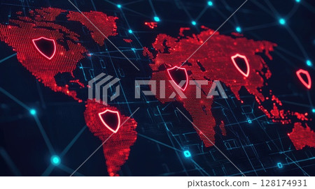 A world map with data points connected by glowing lines, overlaid with shield and lock icons, secure international communication and global network security A world map with data points connected by glowing lines, overlaid with shield and lock icons, secure international communication and global network security 128174931