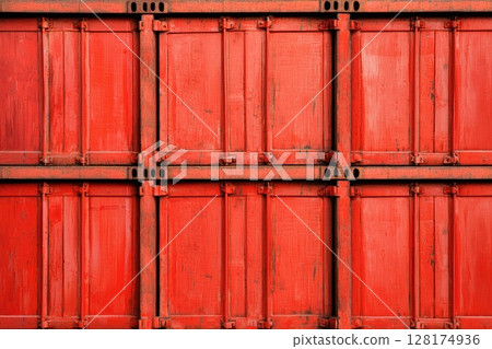 Bright Red Shipping Containers on Industrial Background Bright Red Shipping Containers on Industrial Background 128174936