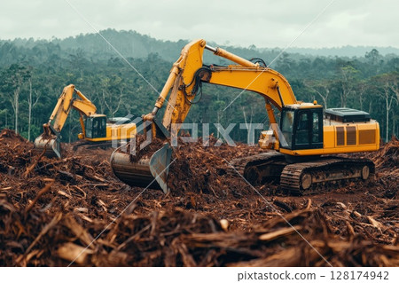 Excavators Working on Deforested Site in Rainforest 128174942