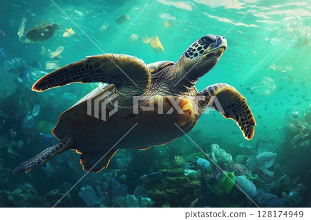 Turtle Swimming Through Ocean Plastic Pollution Turtle Swimming Through Ocean Plastic Pollution 128174949