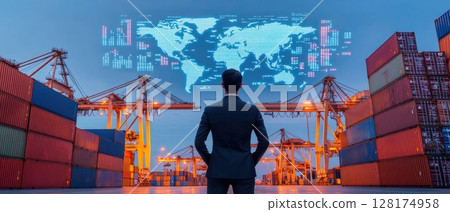 Businessman Analyzing Global Trade at Dockyard 128174958