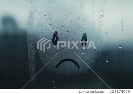 Sad Face on Fogged Glass in Rainy Environment 128174959