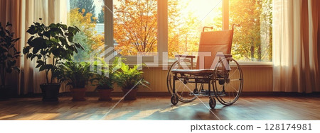 A wheelchair is sitting in front of a window with a view of trees 128174981
