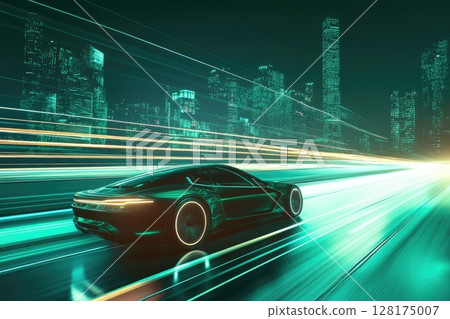 A futuristic car is driving down a city street with a bright green background, giving the impression of speed and motion. Concept of excitement and energy 128175007