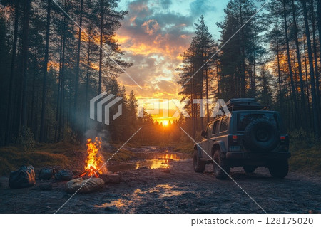 A car by the edge of a forest clearing, with camping gear spread out and a small campfire burning 128175020