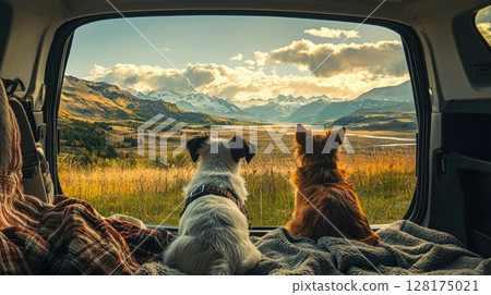 Two dogs are sitting in a car window, looking out at the mountains with the dogs enjoying the view and the fresh air 128175021