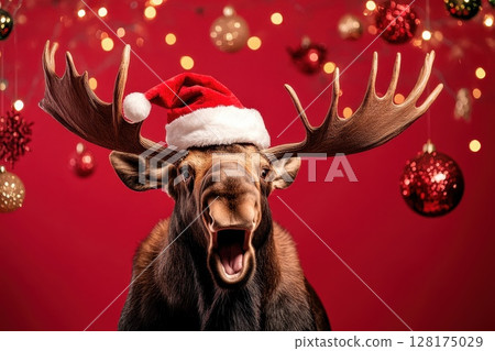 A moose wearing a Santa hat and a red hat is standing in front of a red background 128175029