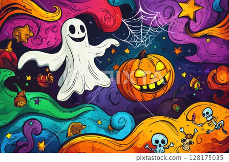 A colorful Halloween scene with a ghost, pumpkin, and skeleton A colorful Halloween scene with a ghost, pumpkin, and skeleton 128175035