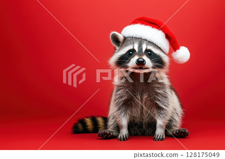 A raccoon wearing a Santa hat is sitting on a red background 128175049