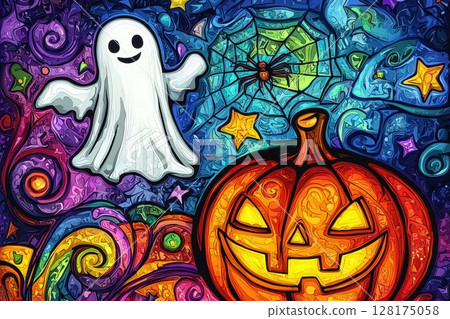 A colorful painting of a Halloween scene with a ghost and a pumpkin 128175058