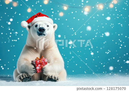 A polar bear is sitting on the snow with a red present in its mouth 128175070