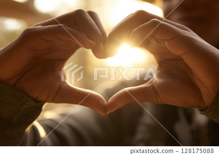 Hands Forming Heart Shape in Soft Golden Light Capturing Love and Connection 128175088