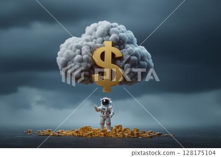A man in a spacesuit stands in front of a cloud of money A man in a spacesuit stands in front of a cloud of money 128175104