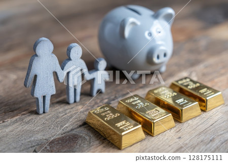 Silhouette of Family Holding Hands with Piggy Bank and Gold Bars on Wooden Surface Silhouette of Family Holding Hands with Piggy Bank and Gold Bars on Wooden Surface 128175111