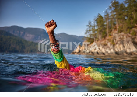 Fist Emerges from Water, Symbolizing Strength and Resilience Amidst Vibrant Colors Fist Emerges from Water, Symbolizing Strength and Resilience Amidst Vibrant Colors 128175116