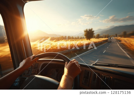 A person is driving a truck with a view of the sun in the background A person is driving a truck with a view of the sun in the background 128175136