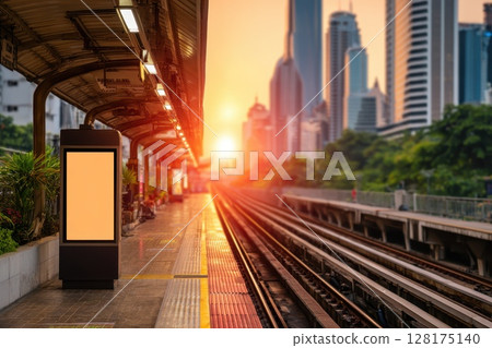 Empty Billboard Panel at Urban Train Platform During Sunset with City Skyline Views 128175140