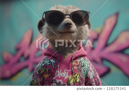 Cool Meerkat in Graffiti Hoodie with Sunglasses in Vibrant Urban Art Setting 128175141