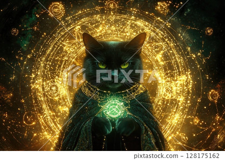 A cat is holding a green orb in its paw, a mystical and magical feel 128175162