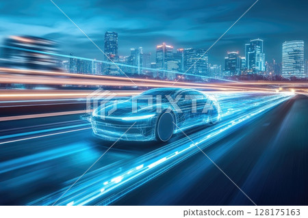 A futuristic car is driving down a city street with a bright blue background A futuristic car is driving down a city street with a bright blue background 128175163