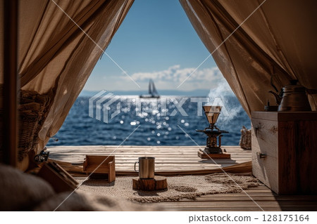 Coastal Breeze Through Tent Entrance with Sailboat and Coffee Maker at Seaside Location 128175164