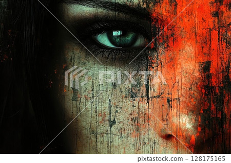 A woman's face with a green eye and a red background A woman's face with a green eye and a red background 128175165